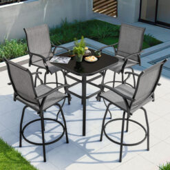 Nuu Garden 5 -Piece Black and Brown with gold point Bar Height Patio Dining Set Iron Square Table with 4 Gray Swivel Chairs