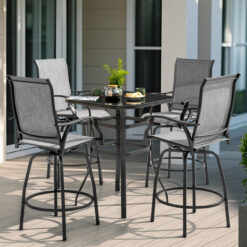 Nuu Garden 5 -Piece Black and Brown with gold point Bar Height Patio Dining Set Iron Square Table with 4 Gray Swivel Chairs