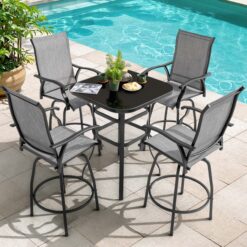 Nuu Garden 5 -Piece Black and Brown with gold point Bar Height Patio Dining Set Iron Square Table with 4 Gray Swivel Chairs