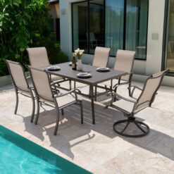 Nuu Garden 7 -Piece Grey Patio Dining Set Iron Rectangle Table with 6 Beige Stationary and Motion Chairs