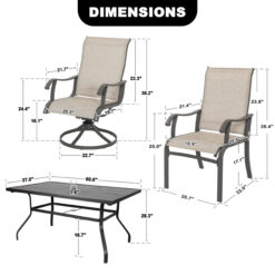 Nuu Garden 7 -Piece Grey Patio Dining Set Iron Rectangle Table with 6 Beige Stationary and Motion Chairs