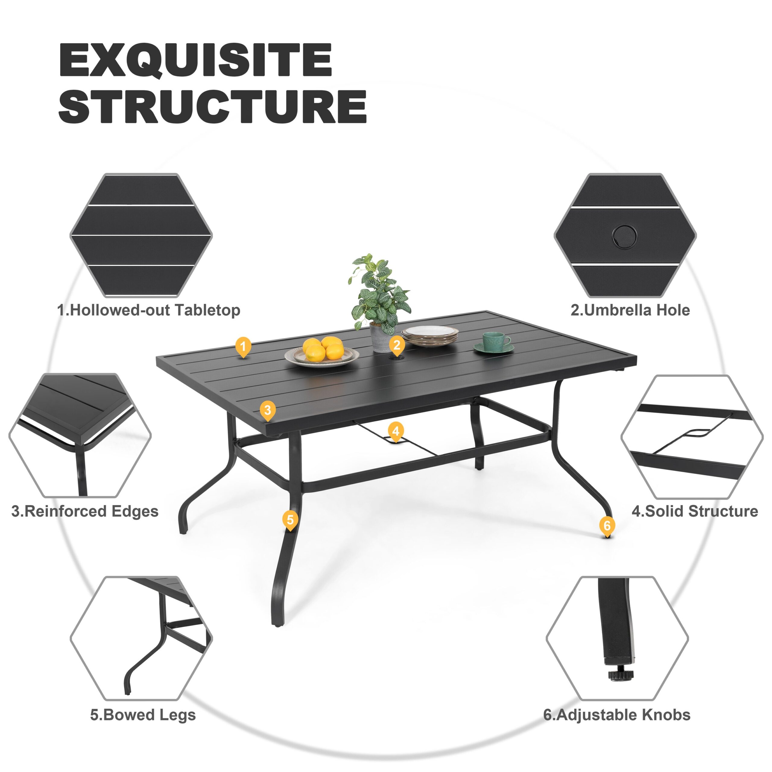 Nuu Garden Patio Dining Set 7 -Piece Black Patio Dining Set Iron Rectangle Table with 6 Brown Swivel Chairs