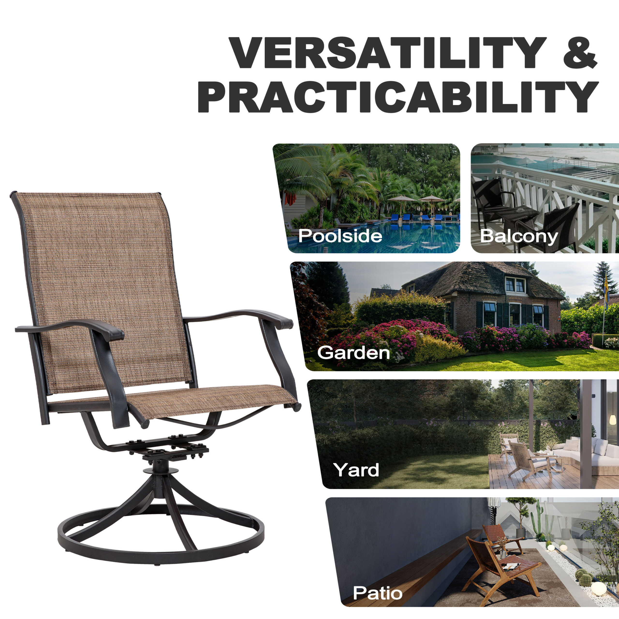 Nuu Garden Patio Dining Set 7 -Piece Black Patio Dining Set Iron Rectangle Table with 6 Brown Swivel Chairs