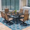 Nuu Garden Patio Dining Set 7 -Piece Black Patio Dining Set Iron Rectangle Table with 6 Brown Swivel Chairs