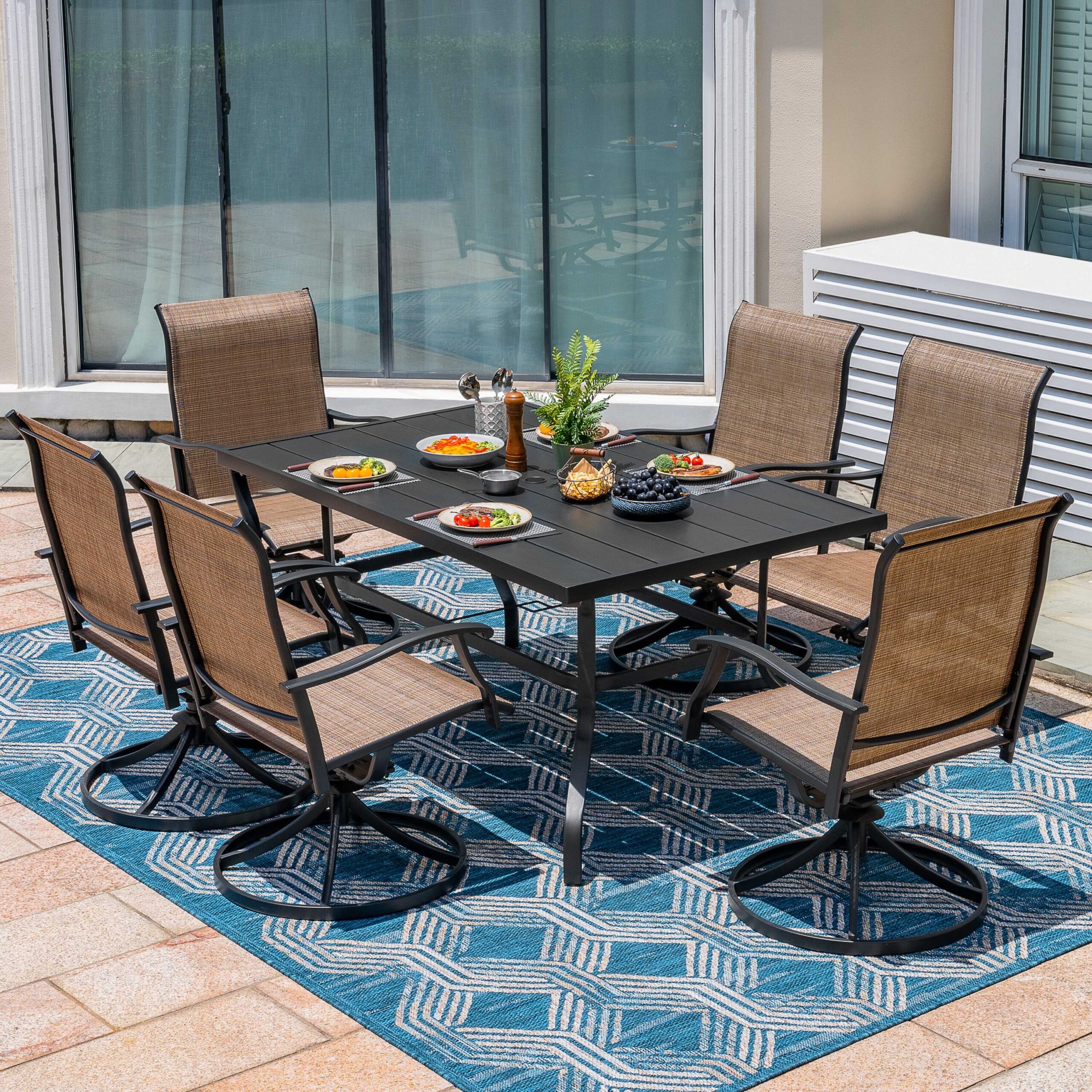 Nuu Garden Patio Dining Set 7 -Piece Black Patio Dining Set Iron Rectangle Table with 6 Brown Swivel Chairs