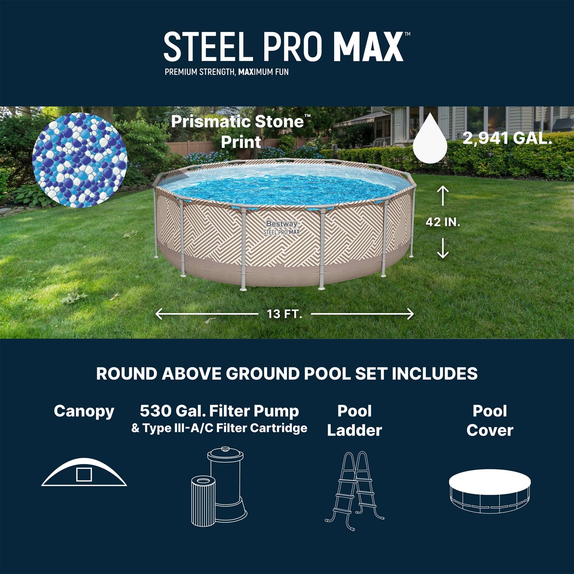Bestway Steel Pro MAX 13ft x 42 Inch Round Above Ground Pool Set with Canopy and Ladder