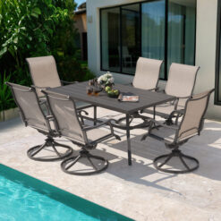 Nuu Garden 7 -Piece Grey Patio Dining Set Iron Rectangle Table with 6 Beige Swivel Chairs