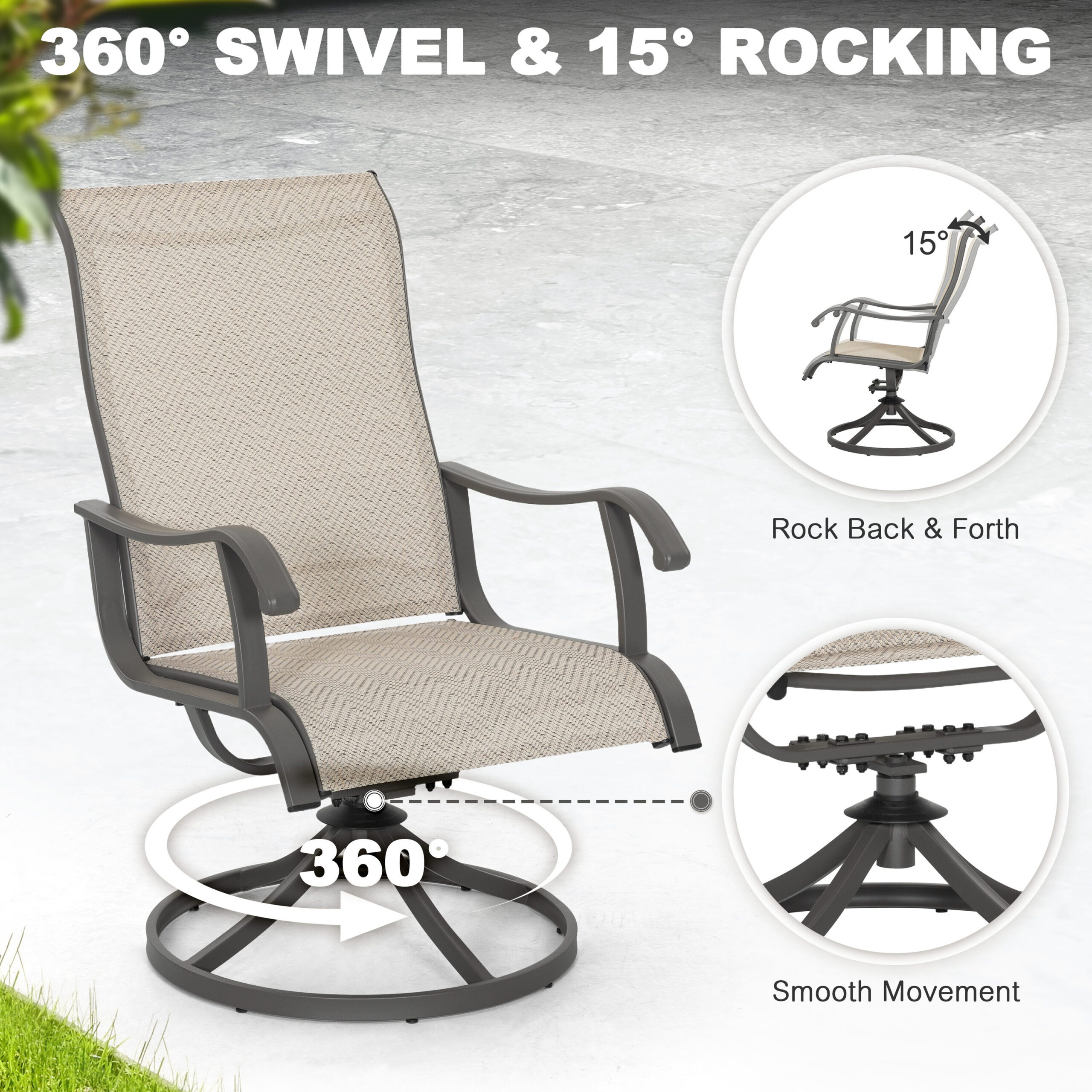 Nuu Garden 7 -Piece Grey Patio Dining Set Iron Rectangle Table with 6 Beige Swivel Chairs