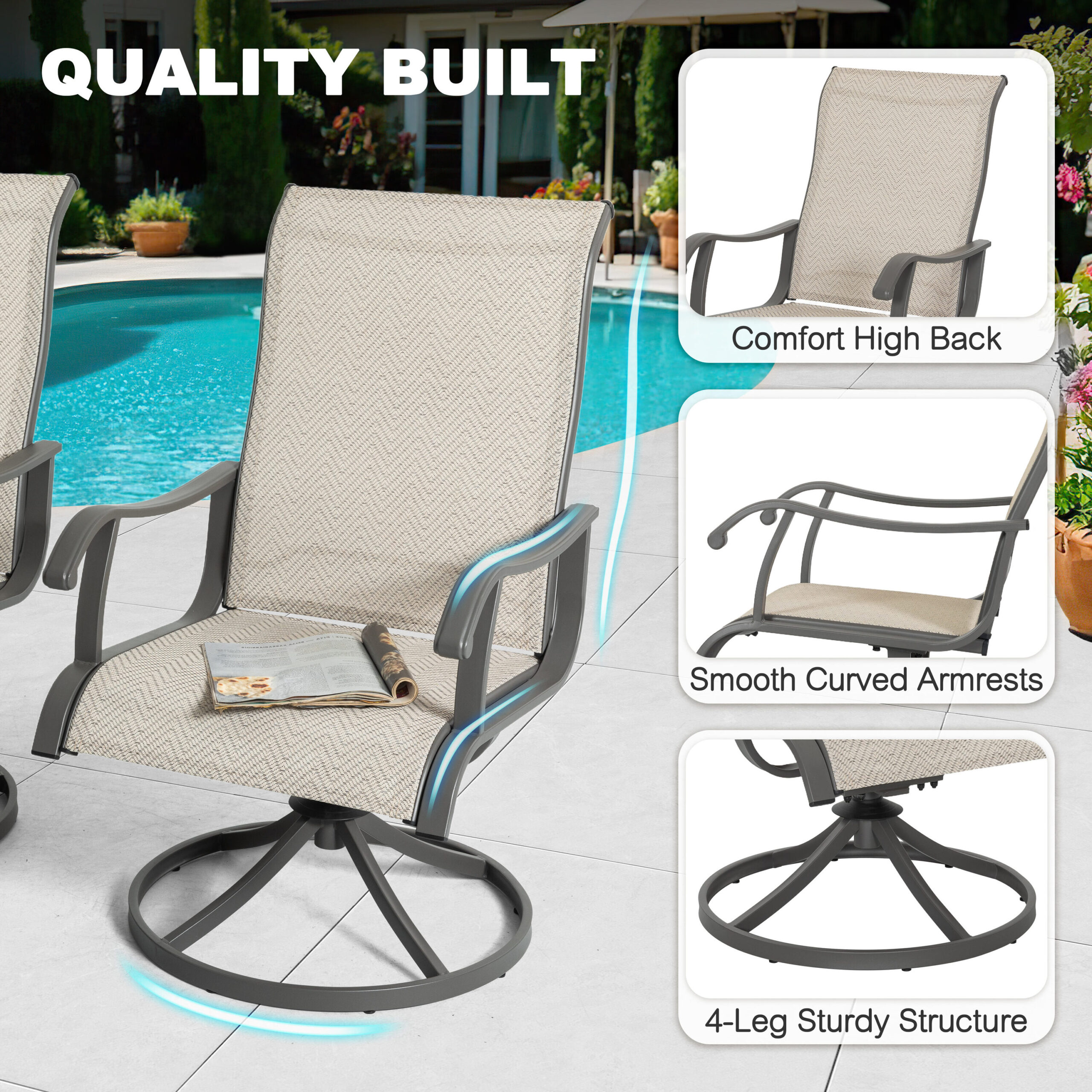 Nuu Garden 7 -Piece Grey Patio Dining Set Iron Rectangle Table with 6 Beige Swivel Chairs