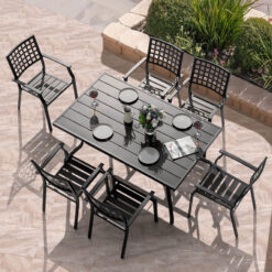 Nuu Garden 7 -Piece Black Patio Dining Set Iron Rectangle Table with 6 Stackable Stationary Chairs