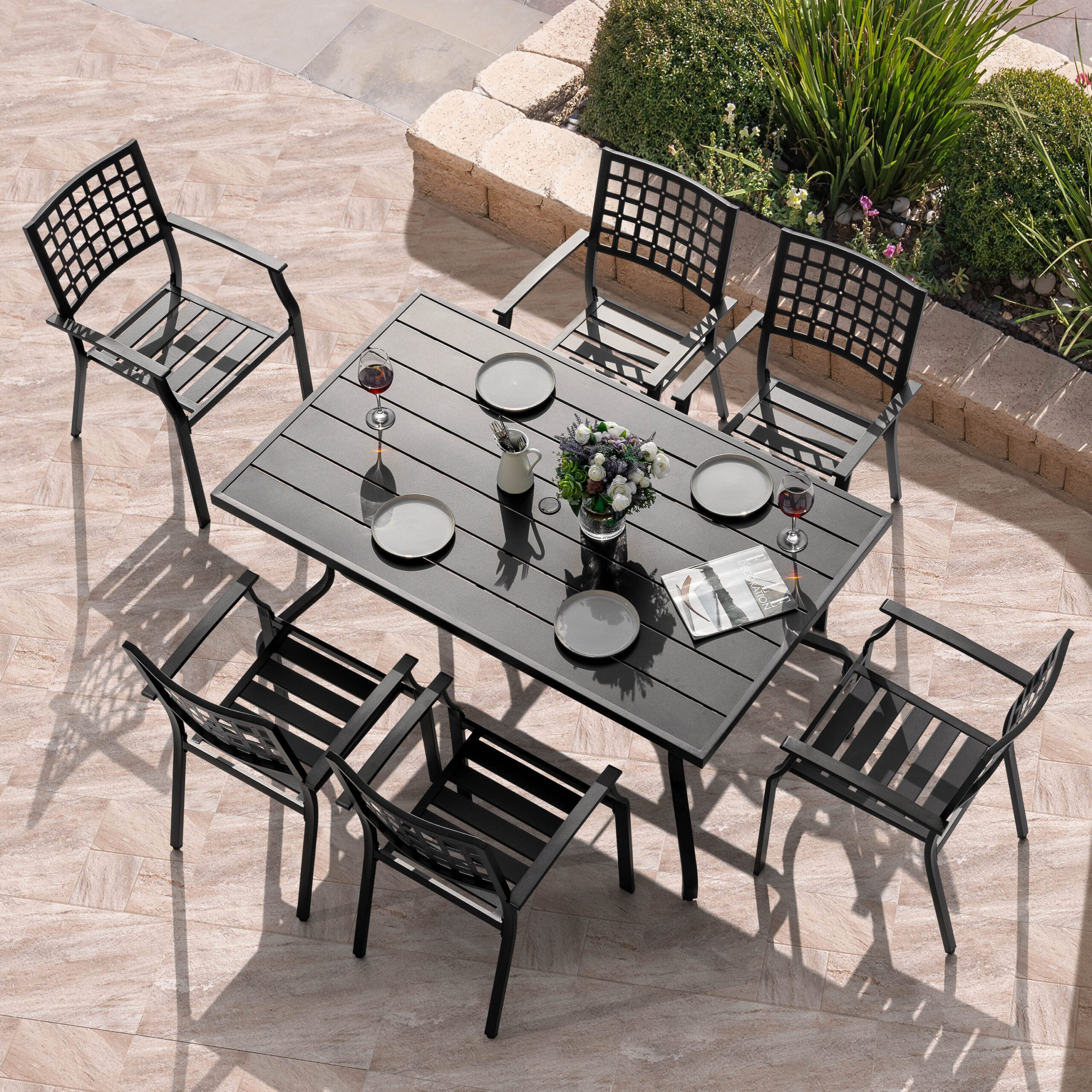Nuu Garden 7 -Piece Black Patio Dining Set Iron Rectangle Table with 6 Stackable Stationary Chairs