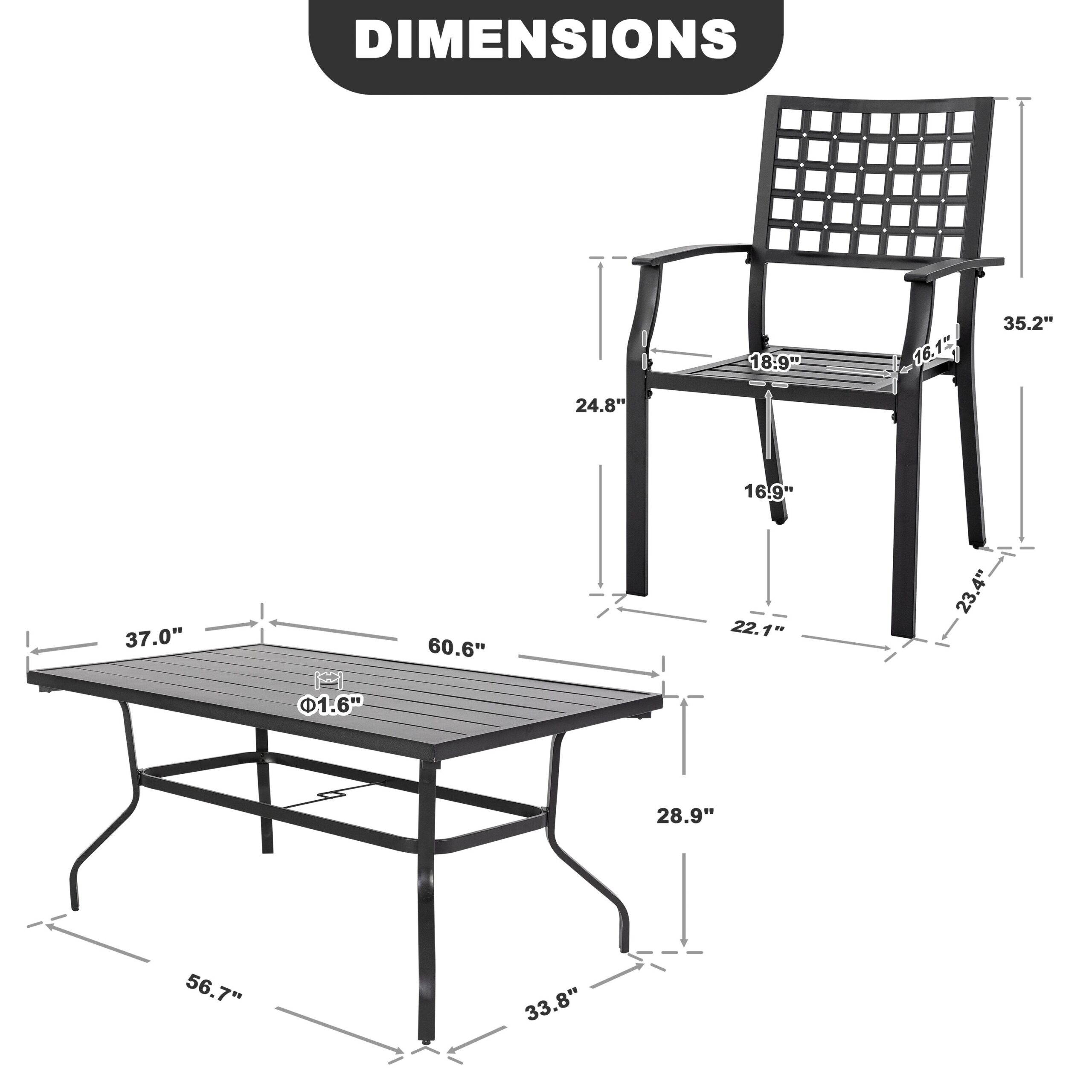 Nuu Garden 7 -Piece Black Patio Dining Set Iron Rectangle Table with 6 Stackable Stationary Chairs