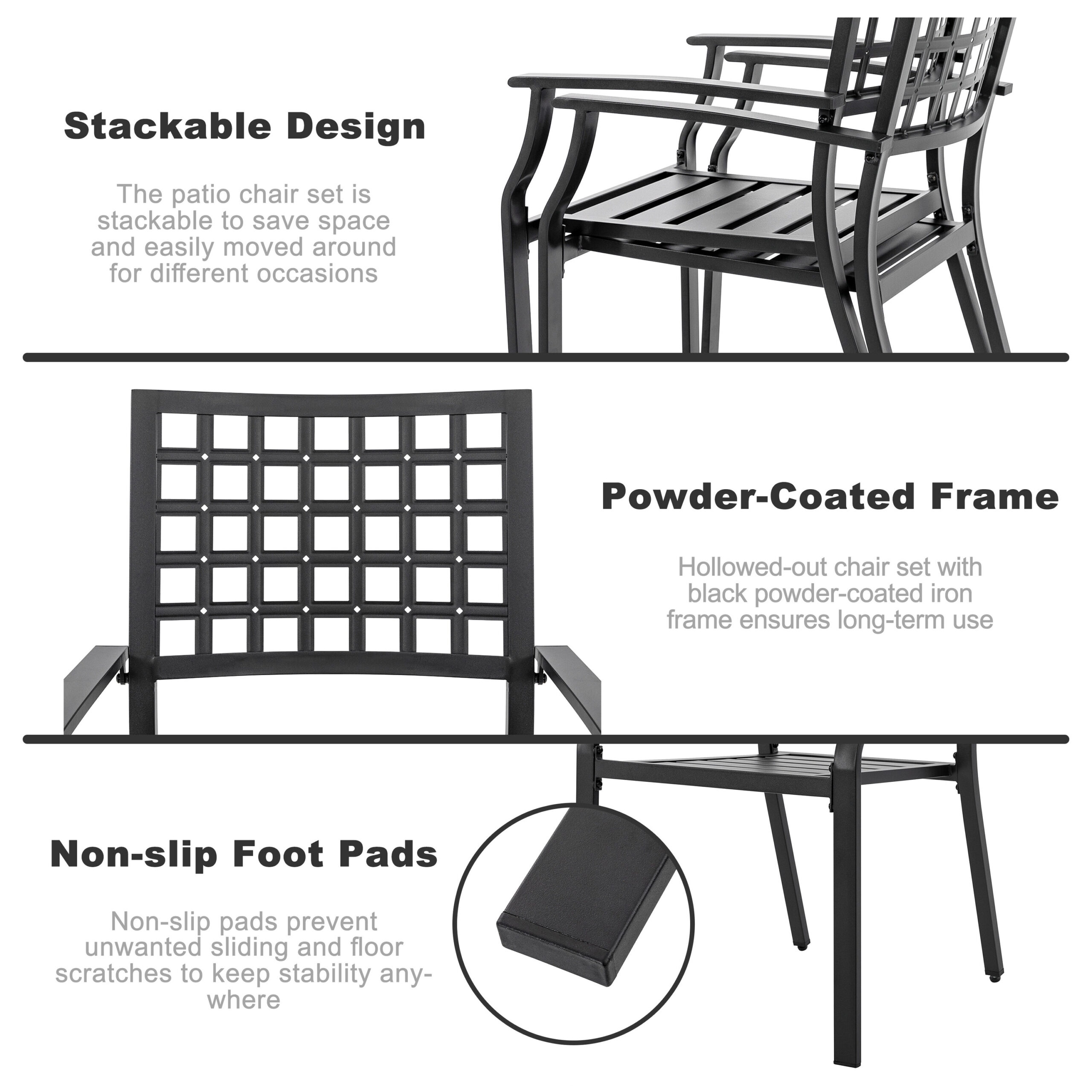 Nuu Garden 7 -Piece Black Patio Dining Set Iron Rectangle Table with 6 Stackable Stationary Chairs