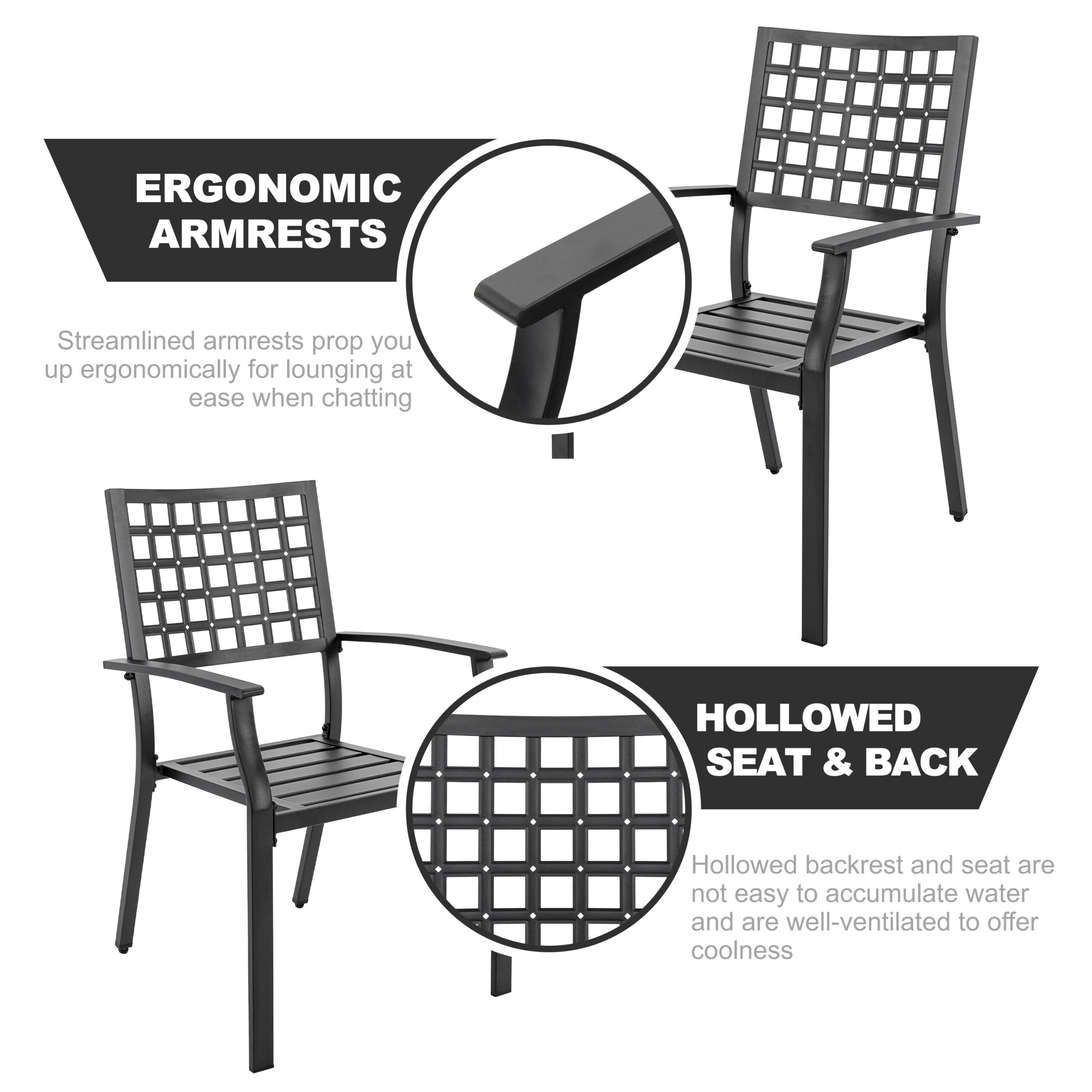 Nuu Garden 7 -Piece Black Patio Dining Set Iron Rectangle Table with 6 Stackable Stationary Chairs