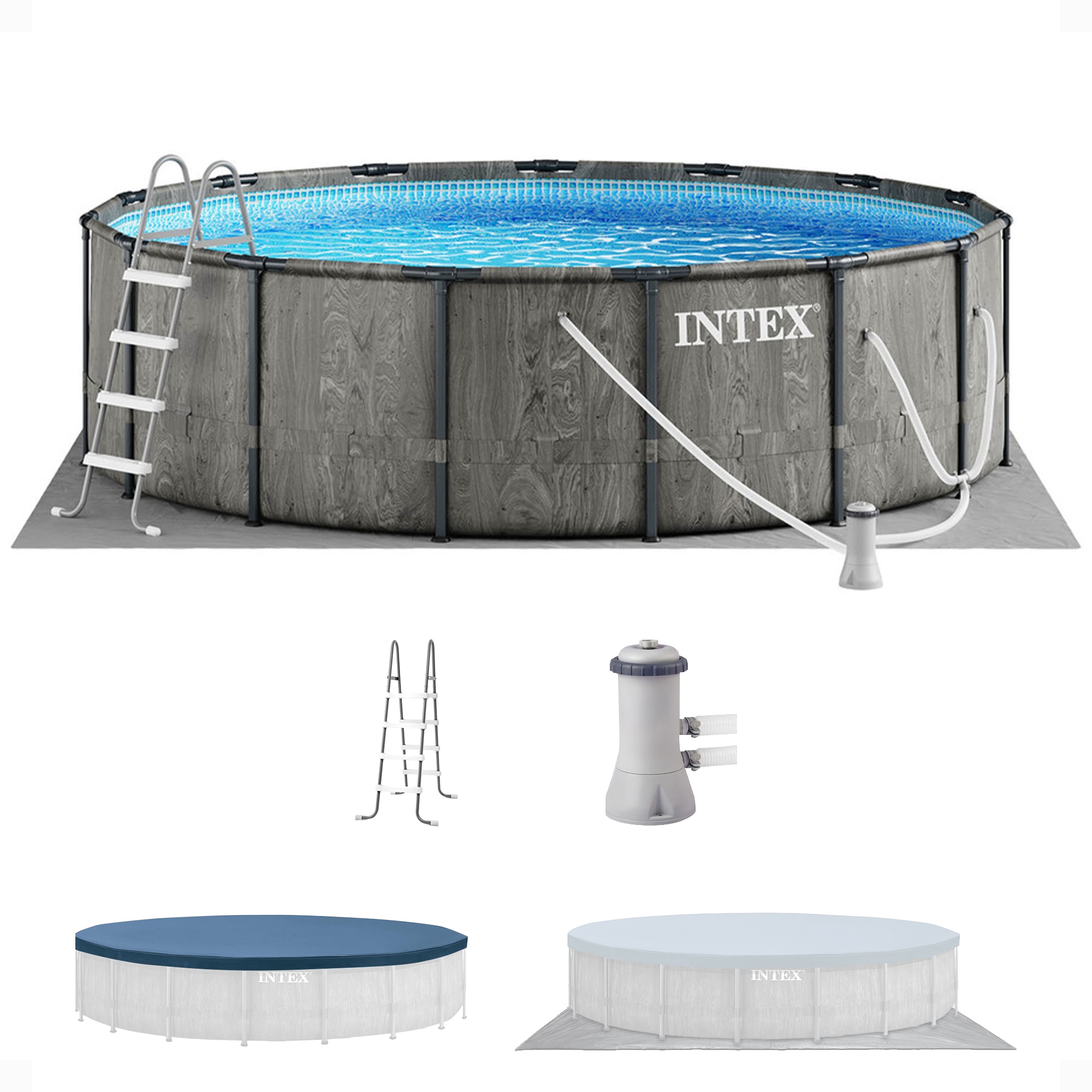Intex 15-ft x 15-ft x 48-in Metal frame Round Above-Ground Pool with Filter Pump with Ground Cloth with Pool Cover with Ladder
