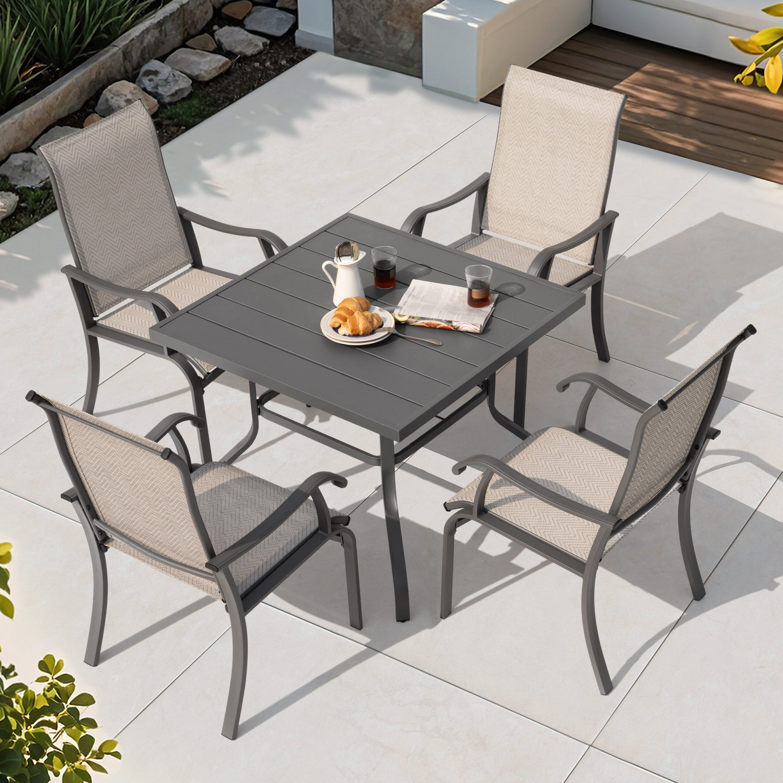 Nuu Garden 5 -Piece Grey Patio Dining Set Iron Square Table with 4 Beige Stationary Chairs