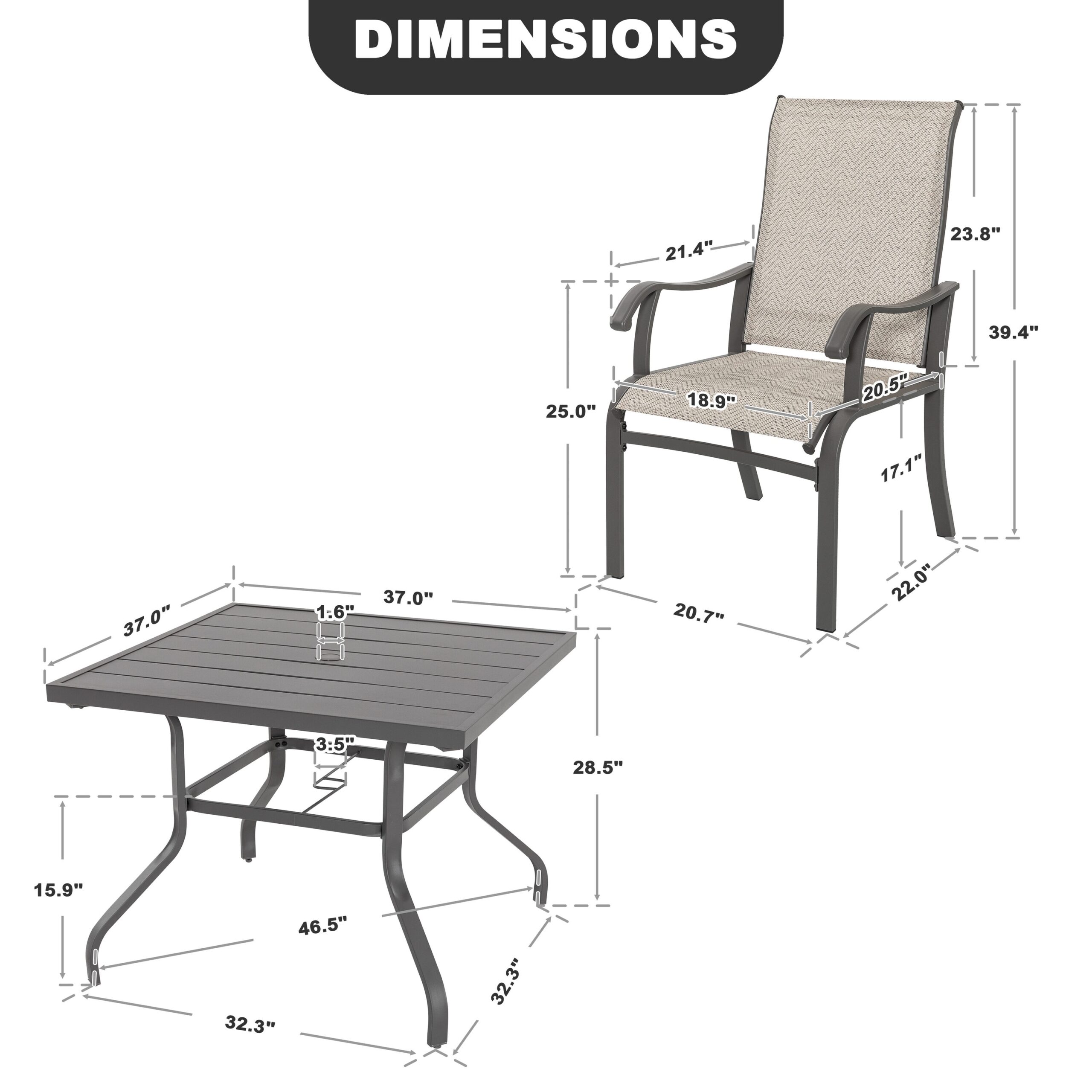 Nuu Garden 5 -Piece Grey Patio Dining Set Iron Square Table with 4 Beige Stationary Chairs
