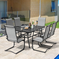 Nuu Garden 7 -Piece Black Patio Dining Set Iron Rectangle Table with 6 Gray C-spring Chairs
