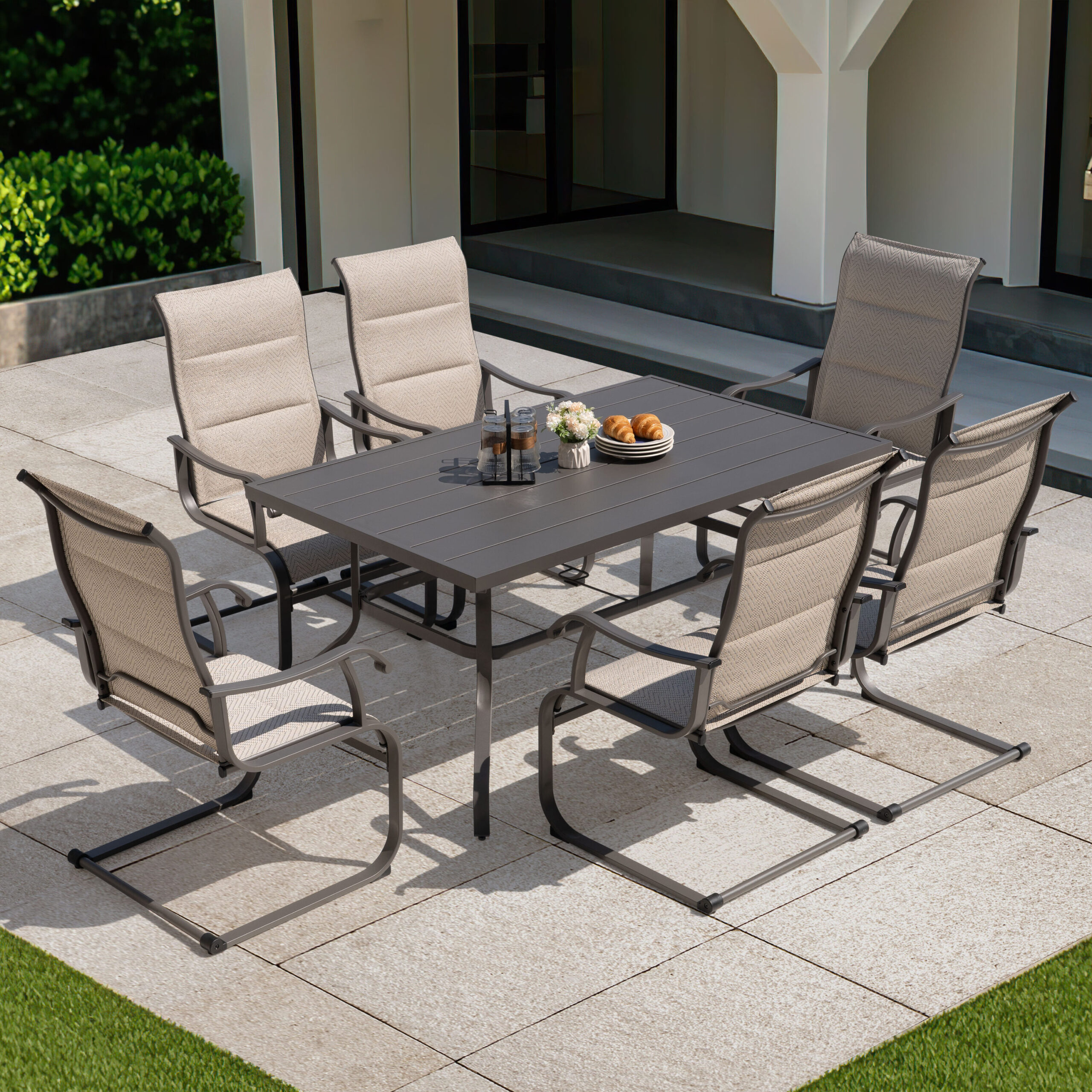 Nuu Garden 7 -Piece Gray Patio Dining Set Iron Rectangle Table with 6 Beige C-spring Chairs