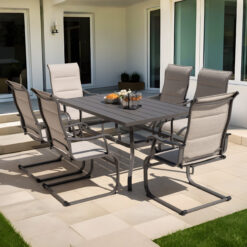 Nuu Garden 7 -Piece Gray Patio Dining Set Iron Rectangle Table with 6 Beige C-spring Chairs