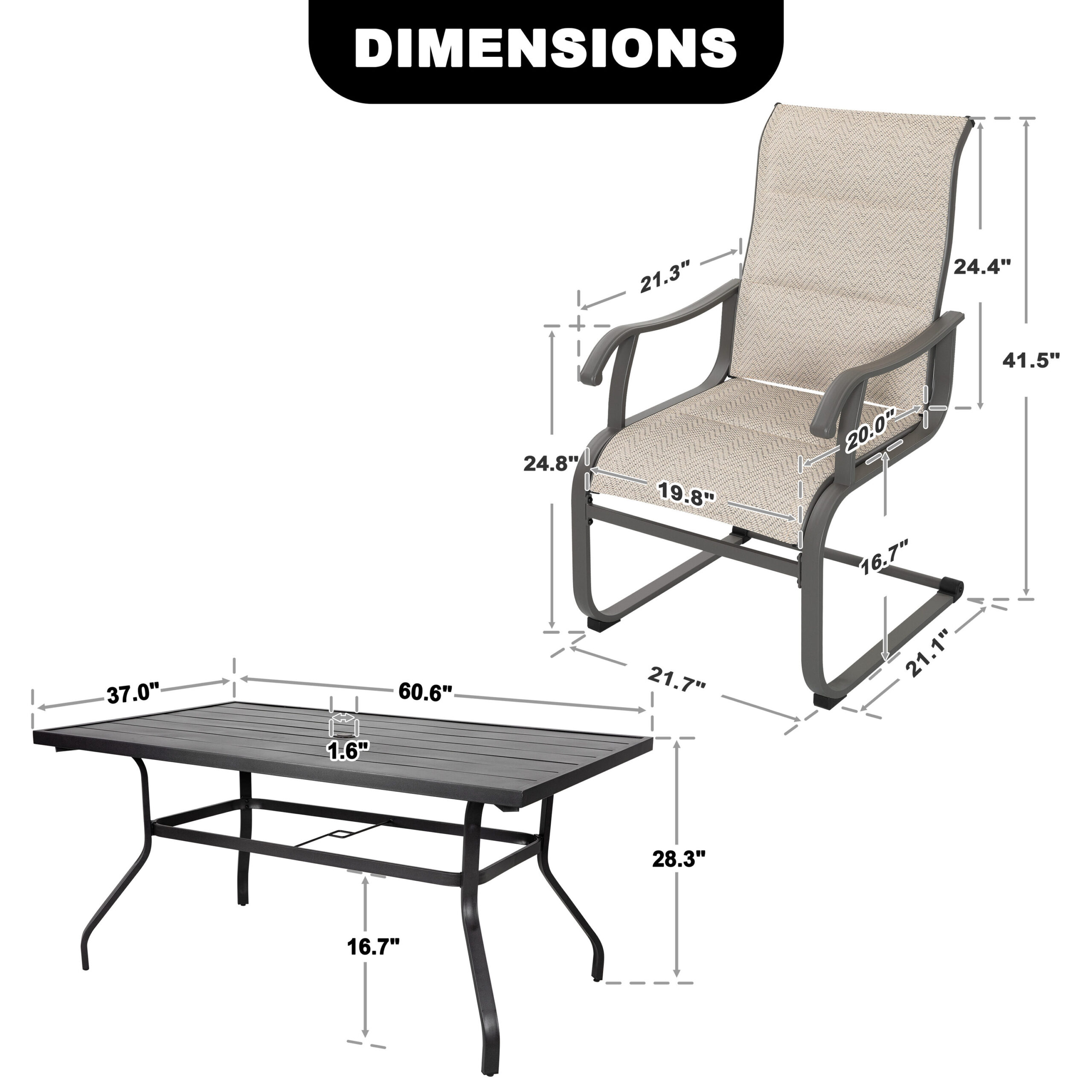 Nuu Garden 7 -Piece Gray Patio Dining Set Iron Rectangle Table with 6 Beige C-spring Chairs