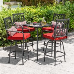 Nuu Garden 5 -Piece Black Bar Height Patio Dining Set Iron Square Table with 4 Red Cushions Swivel Chairs