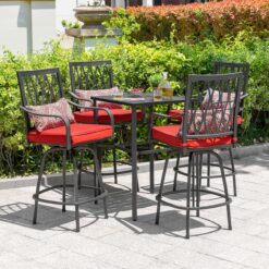 Nuu Garden 5 -Piece Black Bar Height Patio Dining Set Iron Square Table with 4 Red Cushions Swivel Chairs