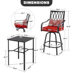 Nuu Garden 5 -Piece Black Bar Height Patio Dining Set Iron Square Table with 4 Red Cushions Swivel Chairs