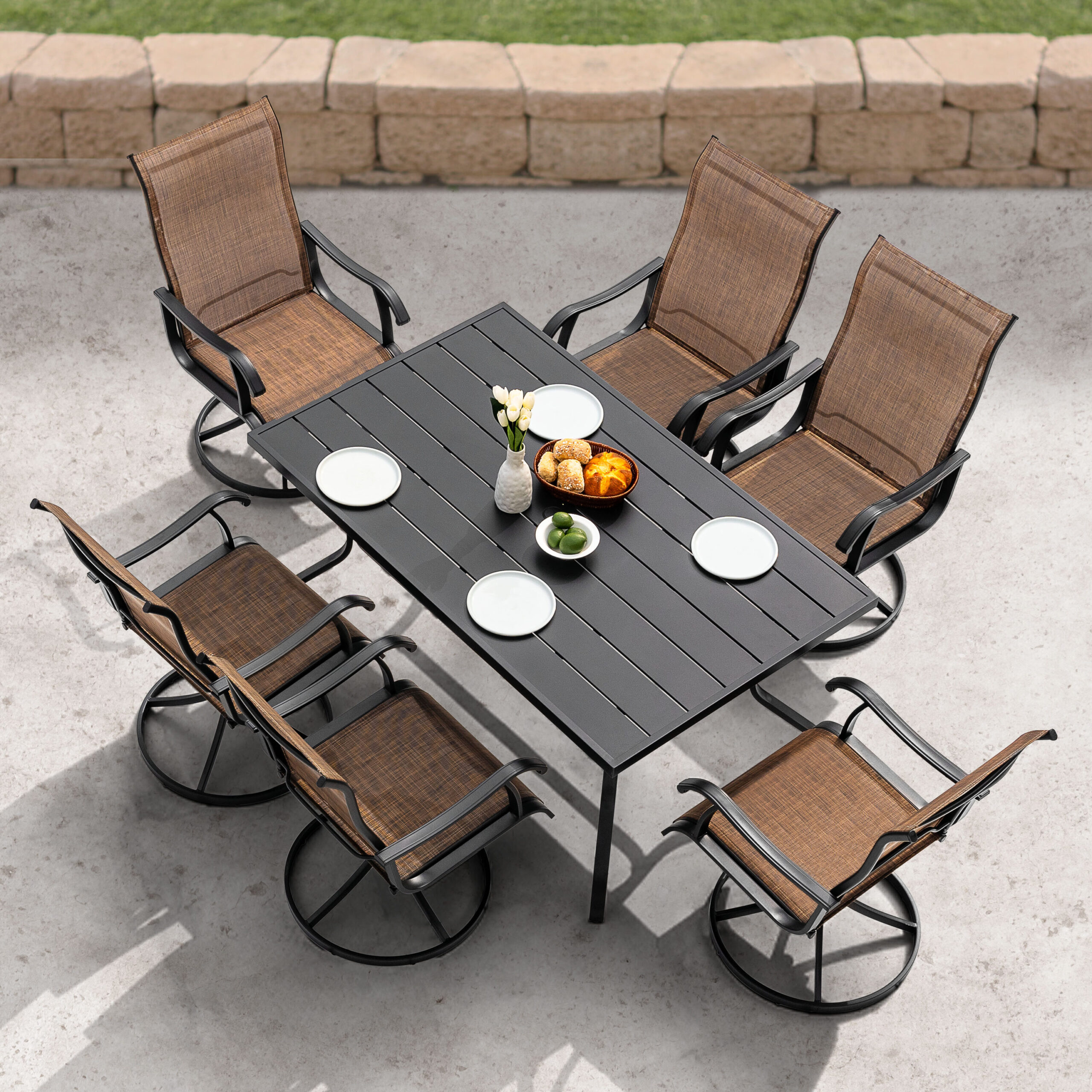 Nuu Garden 7 -Piece Black Patio Dining Set Iron Rectangle Table with 6 Brown Swivel Chairs