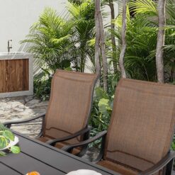 Nuu Garden 7 -Piece Black Patio Dining Set Iron Rectangle Table with 6 Brown Swivel Chairs
