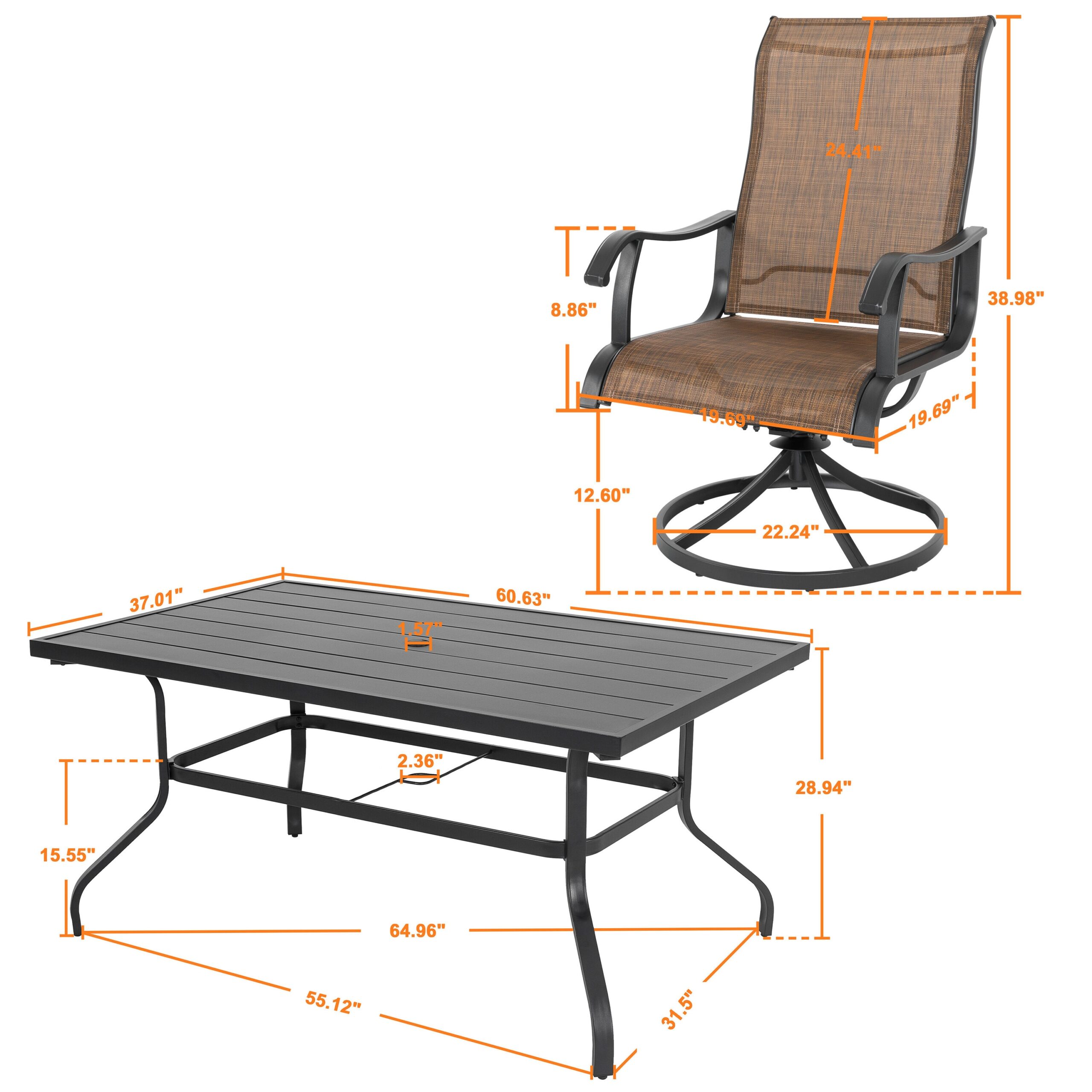 Nuu Garden 7 -Piece Black Patio Dining Set Iron Rectangle Table with 6 Brown Swivel Chairs