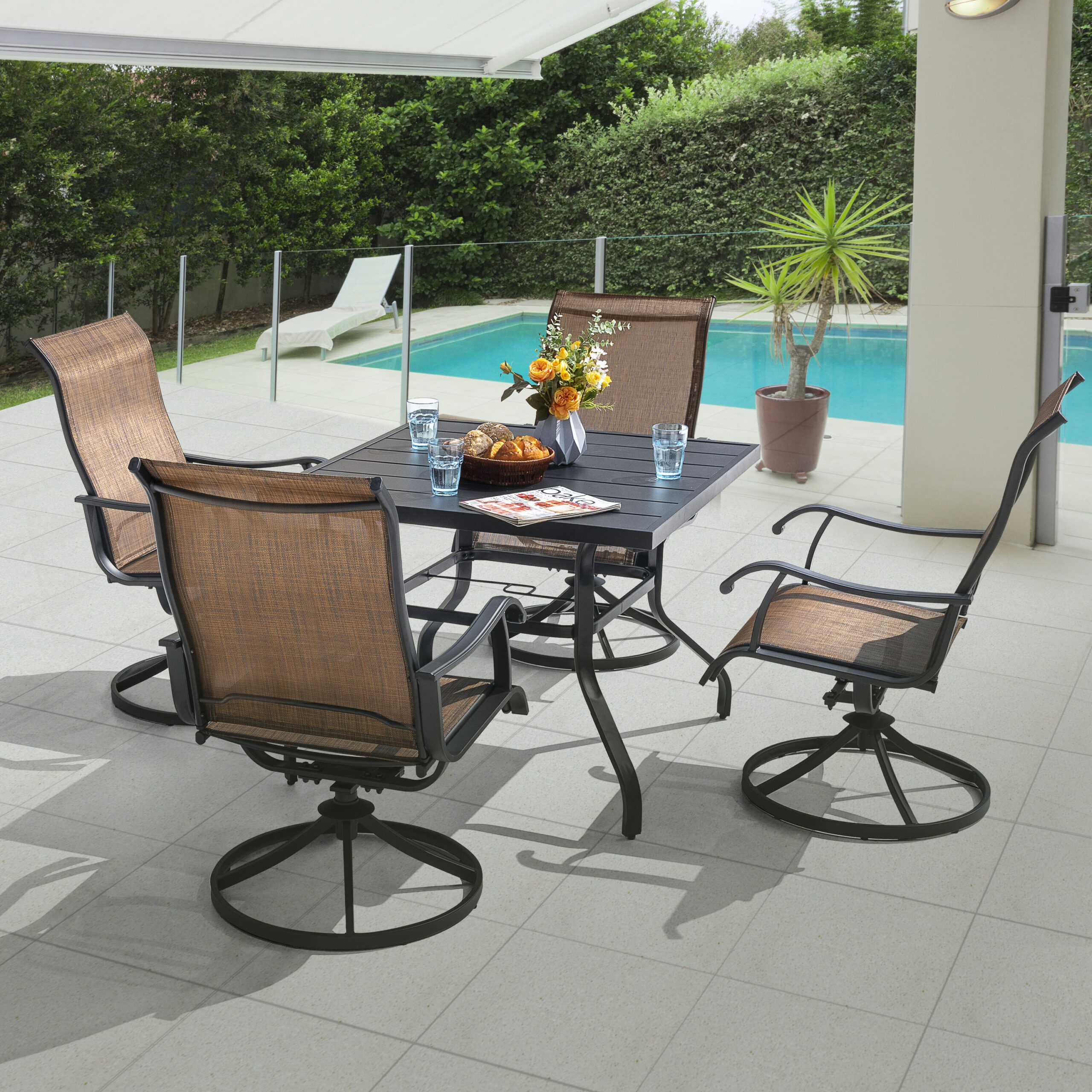 Nuu Garden 5 -Piece Black Patio Dining Set Iron Square Table with 4 Brown Swivel Chairs