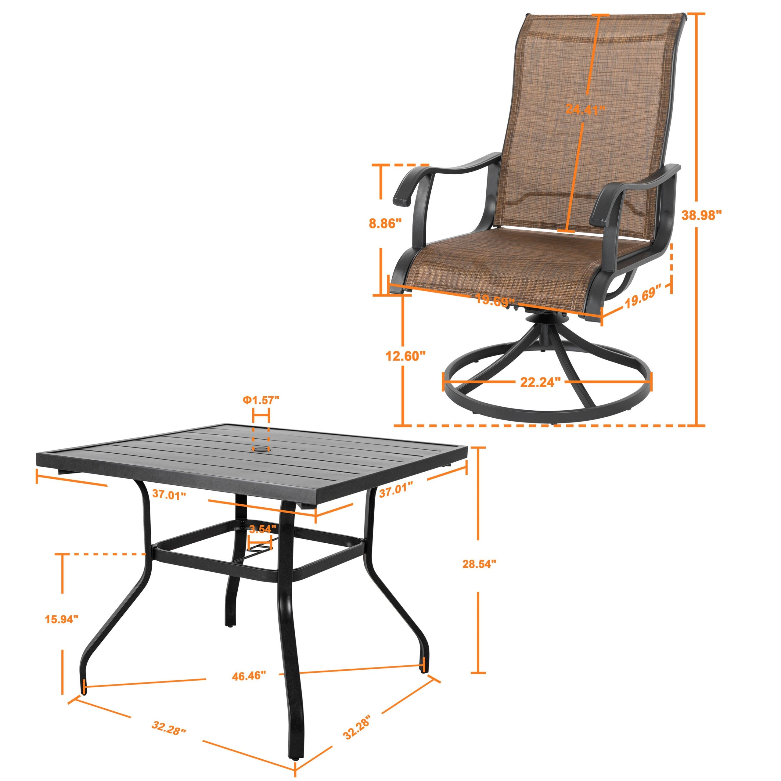 Nuu Garden 5 -Piece Black Patio Dining Set Iron Square Table with 4 Brown Swivel Chairs