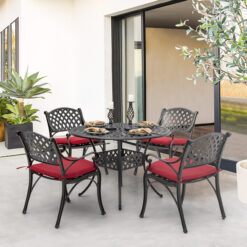 Nuu Garden 9 -Piece Black and gold-painted Patio Dining Set Aluminum Round Table with 4 Red Cushions Stationary Chairs