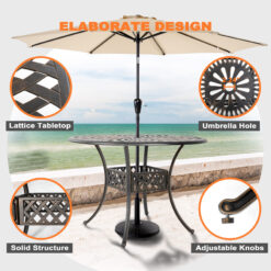 Nuu Garden 9 -Piece Black and gold-painted Patio Dining Set Aluminum Round Table with 4 Red Cushions Stationary Chairs