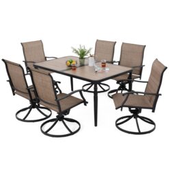 Nuu Garden 7 -Piece Black Patio Dining Set Iron Rectangle Table with 6 Brown Stackable Swivel Chairs