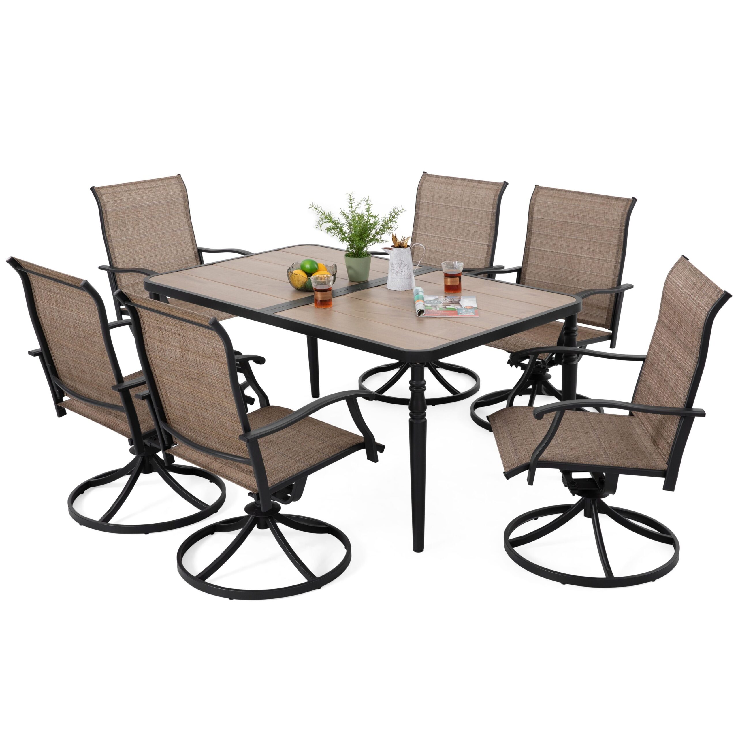 Nuu Garden 7 -Piece Black Patio Dining Set Iron Rectangle Table with 6 Brown Stackable Swivel Chairs