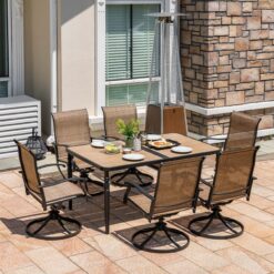 Nuu Garden 7 -Piece Black Patio Dining Set Iron Rectangle Table with 6 Brown Stackable Swivel Chairs