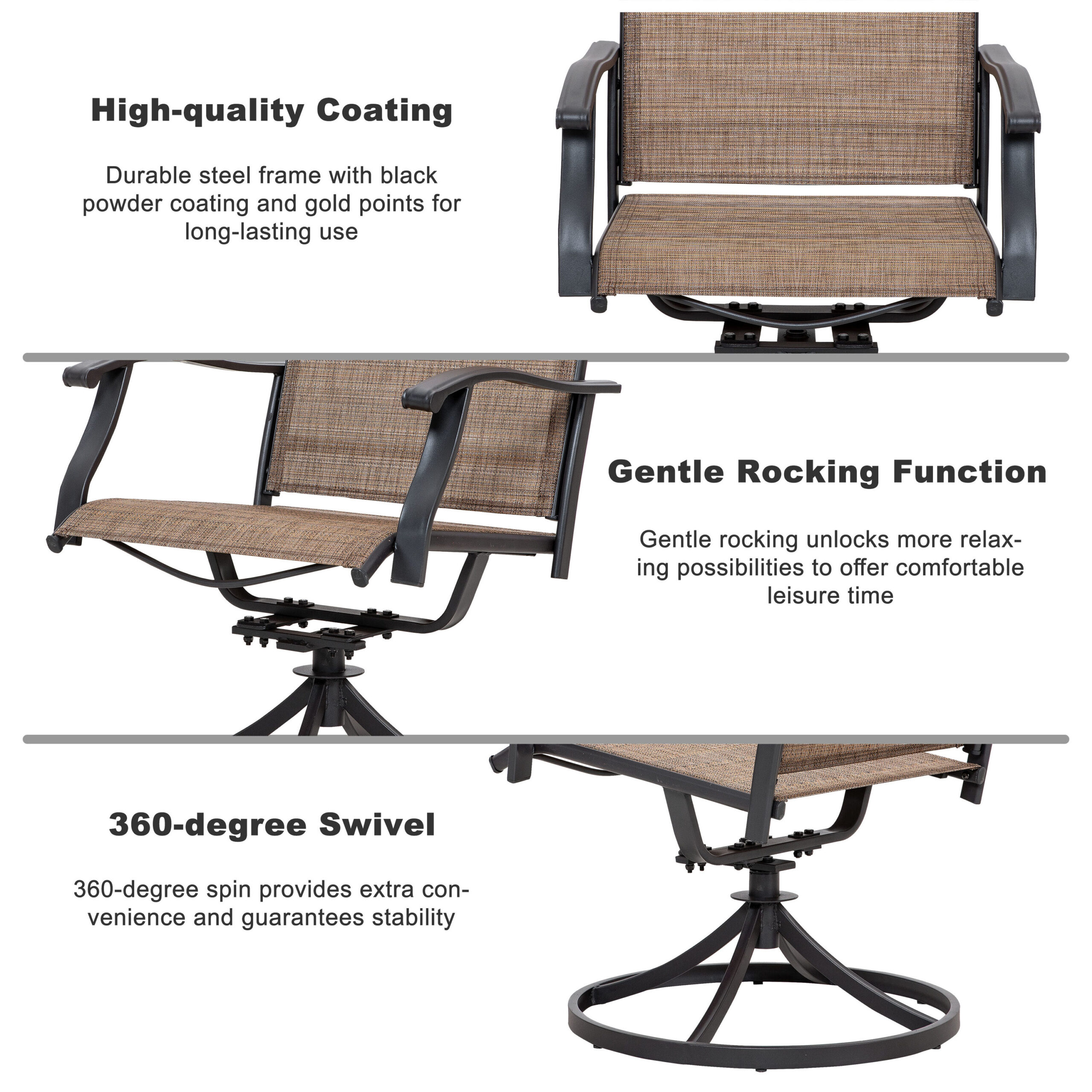 Nuu Garden 7 -Piece Black Patio Dining Set Iron Rectangle Table with 6 Brown Stackable Swivel Chairs