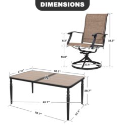 Nuu Garden 7 -Piece Black Patio Dining Set Iron Rectangle Table with 6 Brown Stackable Swivel Chairs