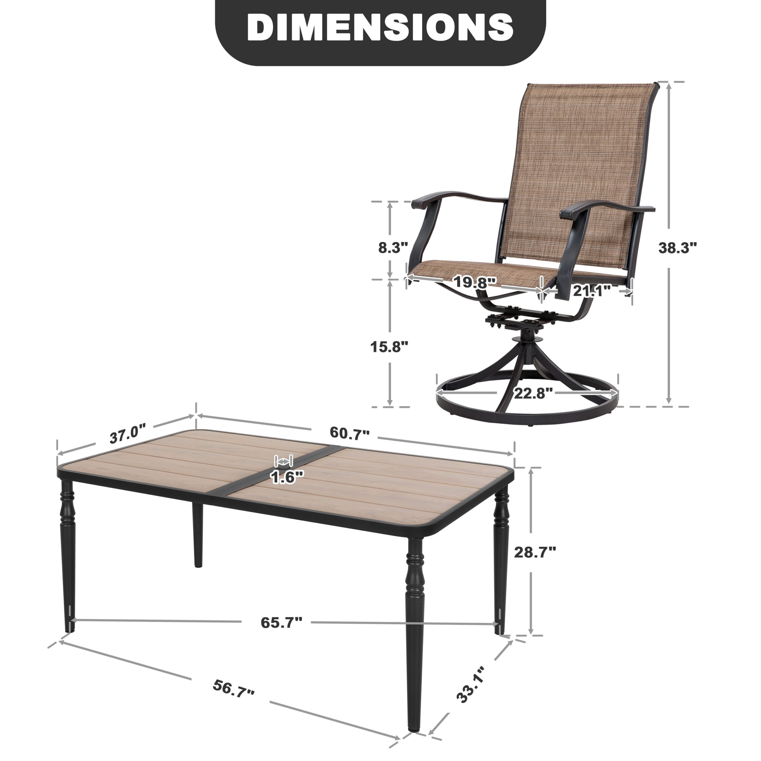 Nuu Garden 7 -Piece Black Patio Dining Set Iron Rectangle Table with 6 Brown Stackable Swivel Chairs