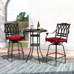 Nuu Garden 3 -Piece Black Bar Height Patio Dining Set Aluminum Round Table with 2 Red Cushions Swivel Chairs