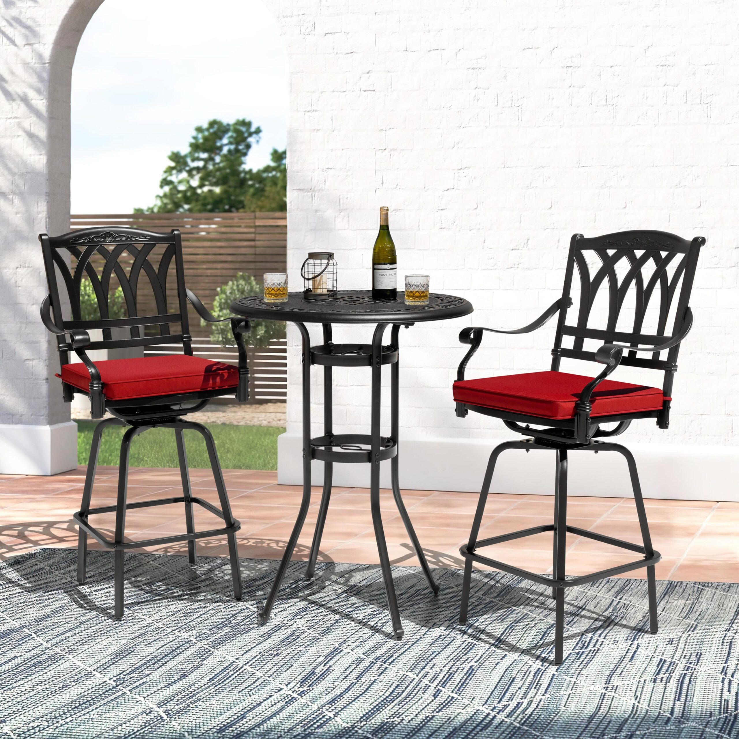 Nuu Garden 3 -Piece Black Bar Height Patio Dining Set Aluminum Round Table with 2 Red Cushions Swivel Chairs