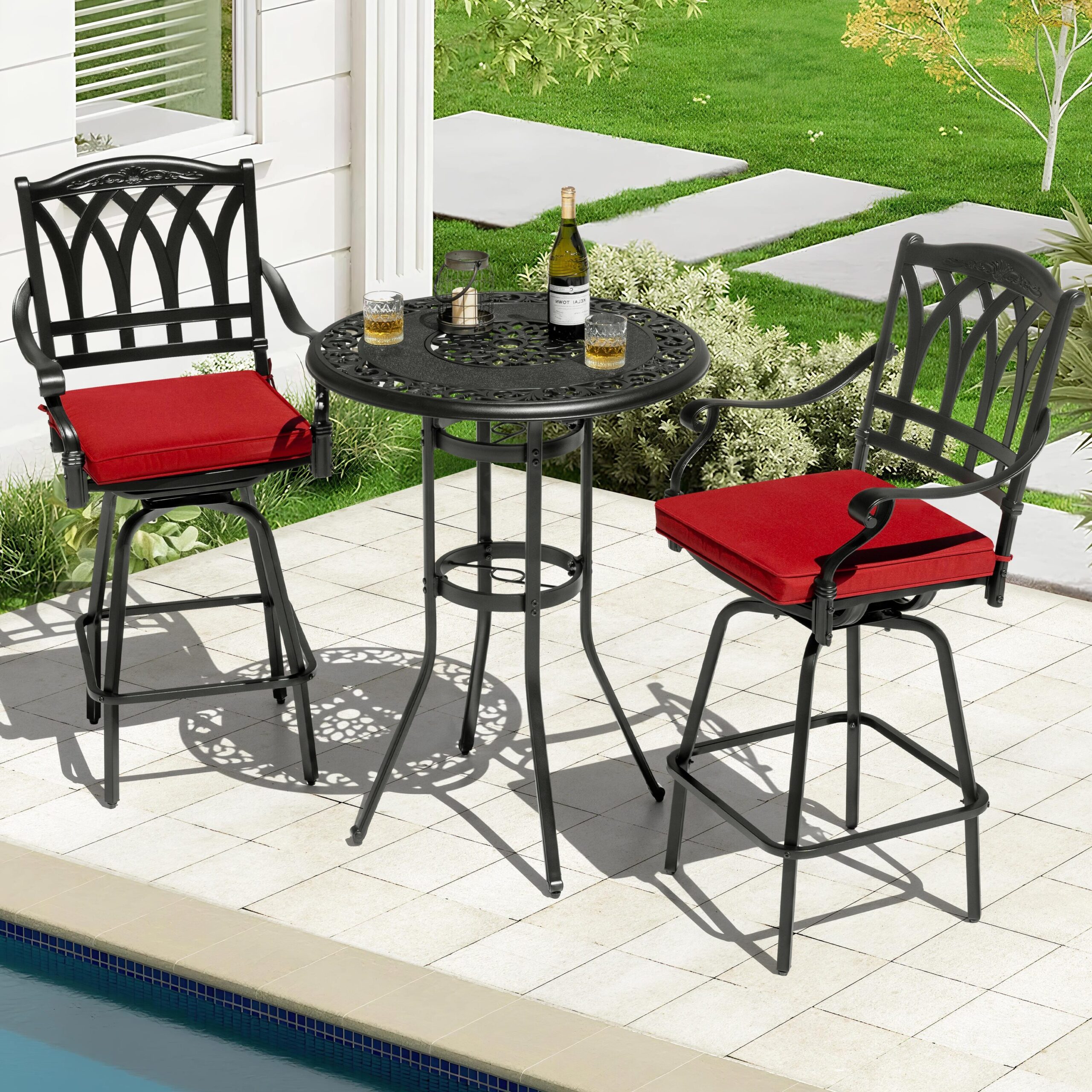 Nuu Garden 3 -Piece Black Bar Height Patio Dining Set Aluminum Round Table with 2 Red Cushions Swivel Chairs
