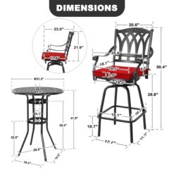 Nuu Garden 3 -Piece Black Bar Height Patio Dining Set Aluminum Round Table with 2 Red Cushions Swivel Chairs