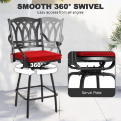 Nuu Garden 3 -Piece Black Bar Height Patio Dining Set Aluminum Round Table with 2 Red Cushions Swivel Chairs