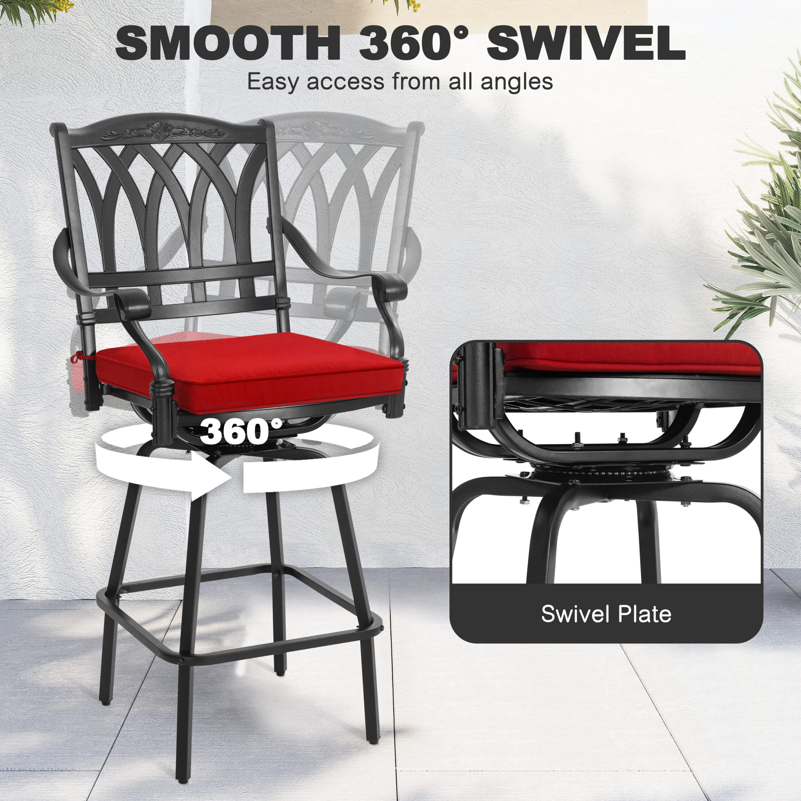 Nuu Garden 3 -Piece Black Bar Height Patio Dining Set Aluminum Round Table with 2 Red Cushions Swivel Chairs