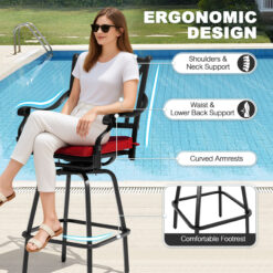 Nuu Garden 3 -Piece Black Bar Height Patio Dining Set Aluminum Round Table with 2 Red Cushions Swivel Chairs