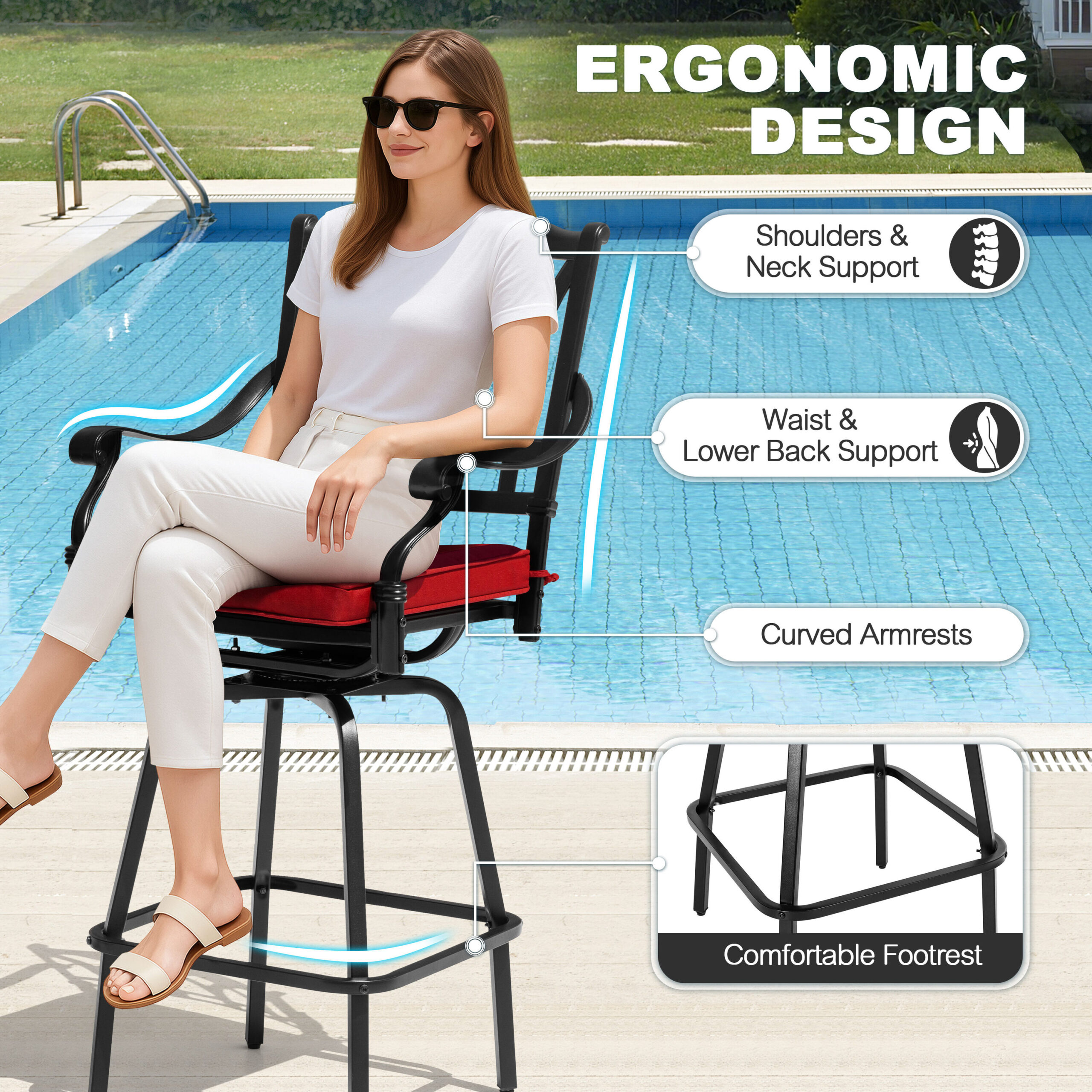 Nuu Garden 3 -Piece Black Bar Height Patio Dining Set Aluminum Round Table with 2 Red Cushions Swivel Chairs