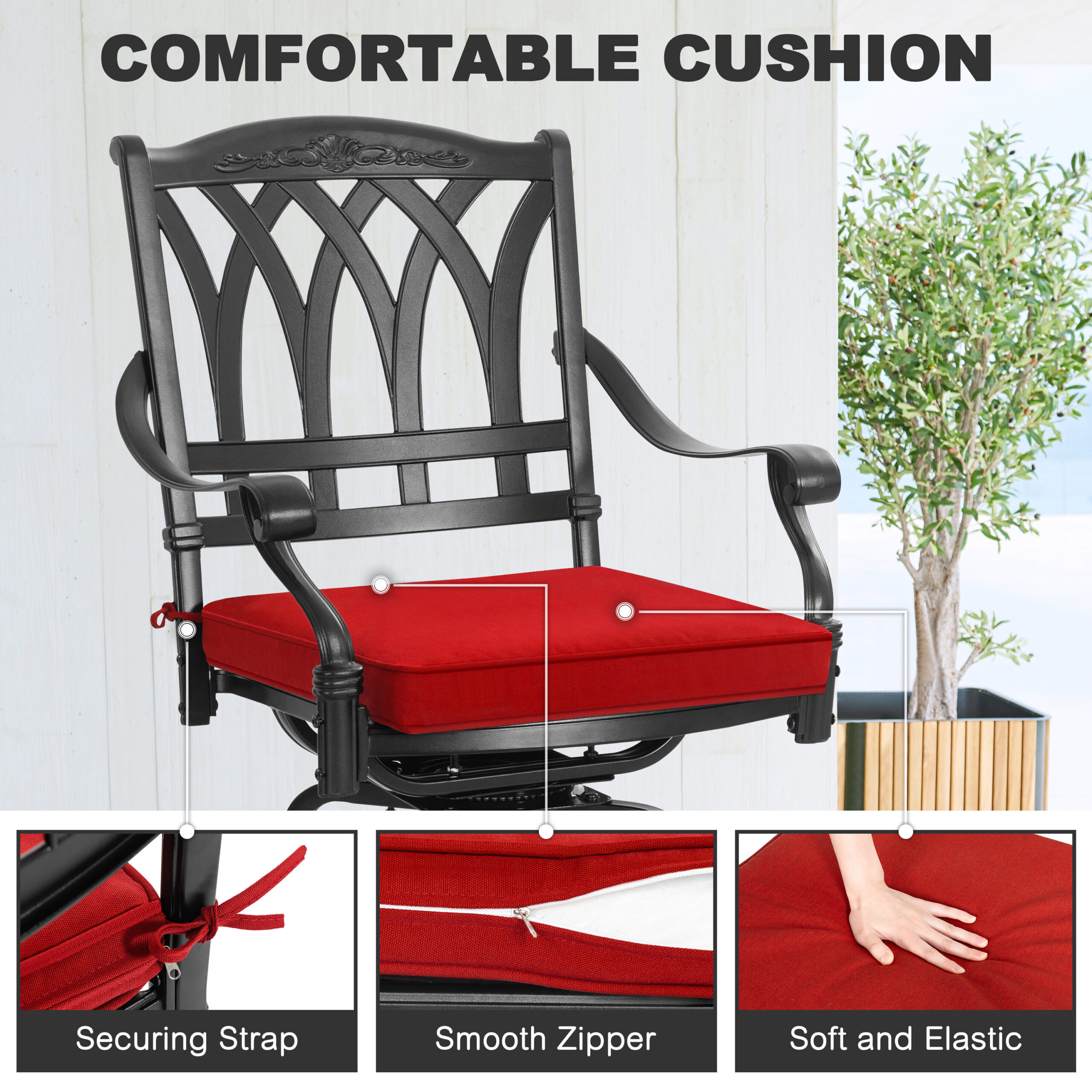 Nuu Garden 3 -Piece Black Bar Height Patio Dining Set Aluminum Round Table with 2 Red Cushions Swivel Chairs